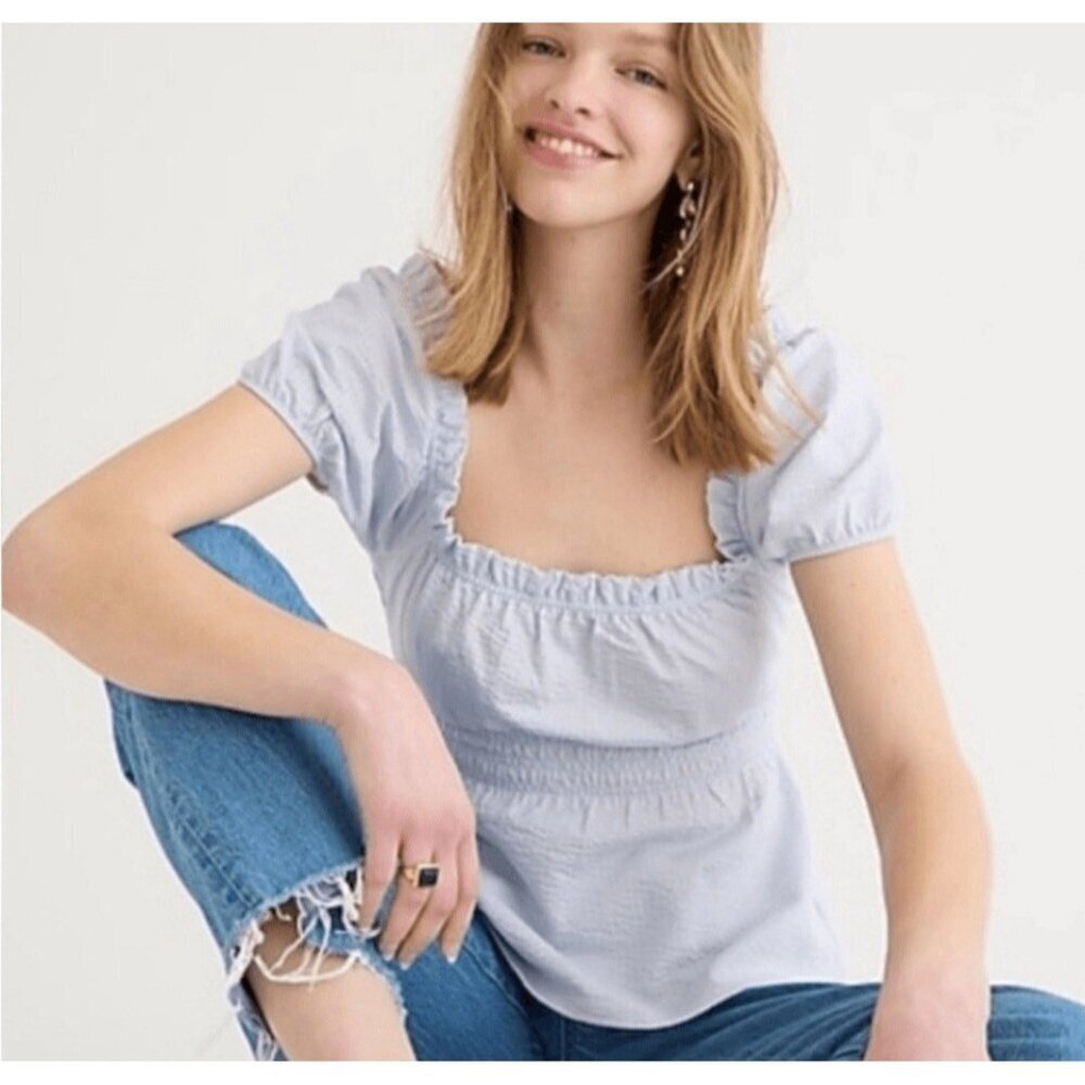 J. Crew Seersucker Smocked Baby Blue Top Blouse Babydoll Travel Peasant Resort M